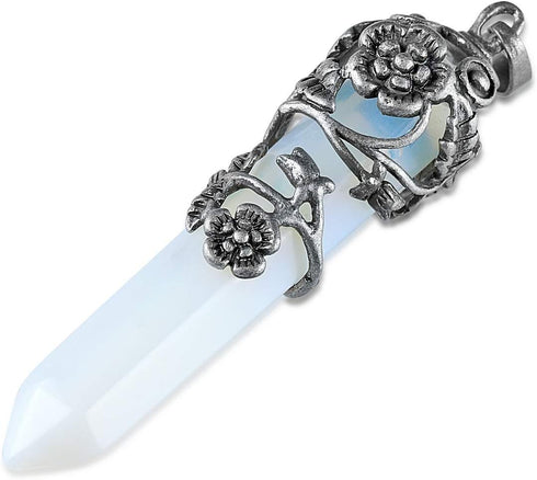 Top Plaza Antique Silver Flower Wrapped Synthetic Opalite Healing Crystal Necklace...