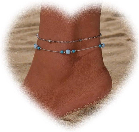 Bohemian Layered Blue Bead Anklet for Women Round Bead Ankle Bracelets Vintage Station Ball Anklets Silver Ball Anklets Chain Bracelet Summer Beac...