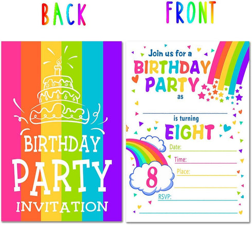 ukebobo Rainbow Happy Birthday Party Invitations for Child’s 8th Birthday Party – Colorful Invitation with Envelopes for Kids 8th Birthday Party –...