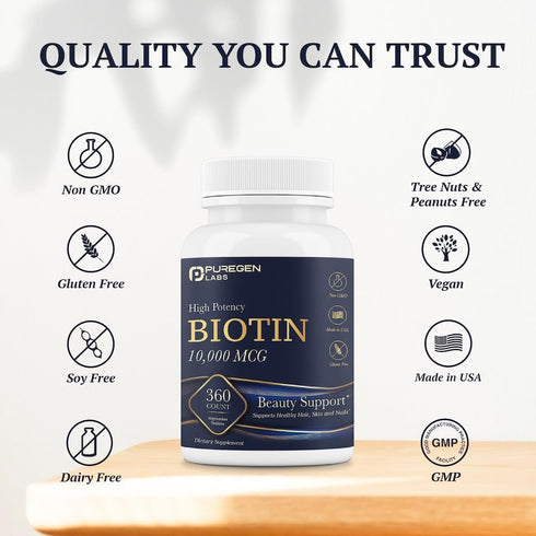 Puregen Labs Biotin 10,000 MCG Supports Healthy Hair, Skin & Nails - High Potency Beauty Support - Non-GMO, Gluten Free | 360 Vegetarian Tablets...