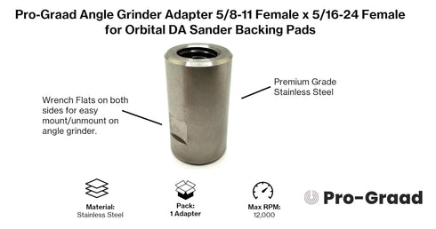 54040 Stainless Steel Angle Grinder Adapter 5/8-11 Female x 5/16-24 Female, Arbor Adapter compatible for use with 5/16”-24 Threaded DA Backer Pads...