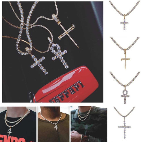 JINAO Silver Plated Iced Out Egyptian Ankh Cross Simulated Diamond Pendant Necklace with Stainless Rope Chain...