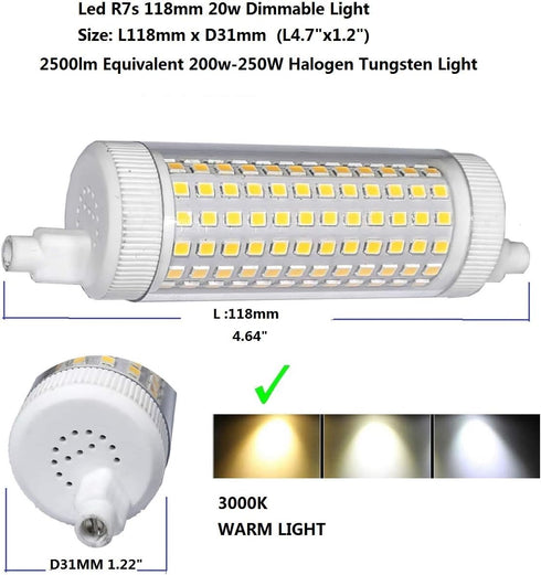 Led R7s 118mm 20w Dimmable Light Double Ended J J118 4.7" 2500lm Equivalent 200w Halogen Tungsten Light Warm White 3000k Floodlight Working Light ...