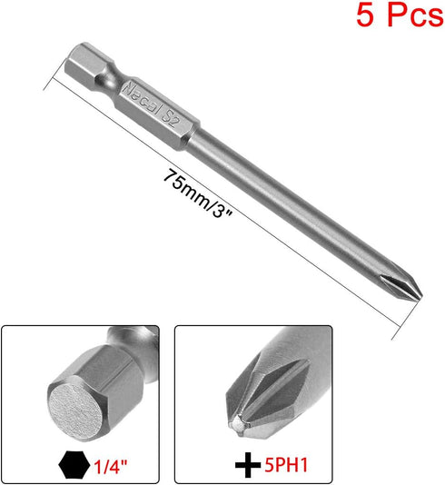 uxcell 5 Pcs 5mm PH1 Magnetic Phillips Screwdriver Bits, 1/4 Inch Hex Shank 3-inch Length S2 Power Tool...