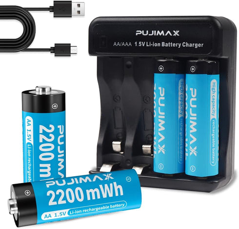 4Pack Rechargeable AA Battery with Charger- Lithium AA Batteries,1.5H Fast Charge 1.5V 2200mWh for Office,Household Products &Toys...