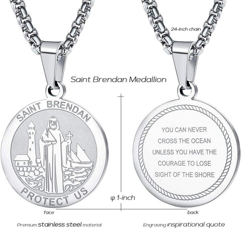 Saint Brendan Necklace - 1" Stainless Steel Catholic St. Brendan Medal Pendant with 24" Chain...