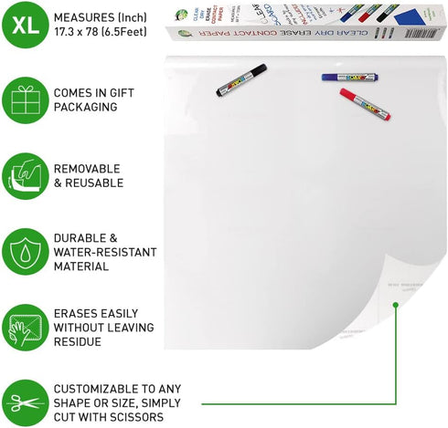 Clear Adhesive Sheets Roll on Wall 18 x 78Inch (6.5 Ft), Includes 3 Dry Erase Markers, Bulletin Board Paper, Clear Adhesive Vinyl Sheets, Transpar...