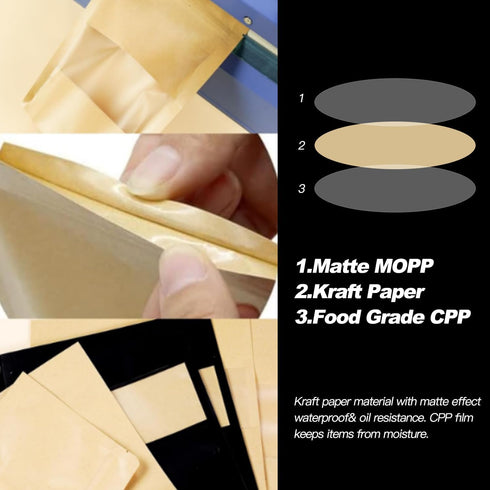 100 Pcs Resealable Kraft Paper Bags,Stand Up Pouches Bags with Matte Window, Zip Lock Food Storage Bags,Scratch Resistant Hand Self Sealing Bags. ...