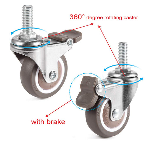 Skelang 4 Pcs 1'' Swivel Threaded Stem Casters, TPE Mute Crib Caster, M6×15 Stem Caster Wheels with Brake, Replacement for Baby Bed, Cabinet, Tabl...