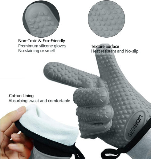 GEEKHOM BBQ Gloves, Grilling Gloves Heat Resistant Oven Gloves, Kitchen Silicone Oven Mitts, Long Waterproof Non-Slip Pot Holder for Barbecue, Coo...