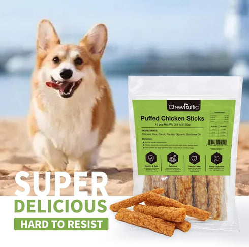 Chicken Dog Chew Sticks, Puffed Human Grade Dog Treat Sticks, Rawhide Alternative, Easy to Digest 10pcs/Pack...