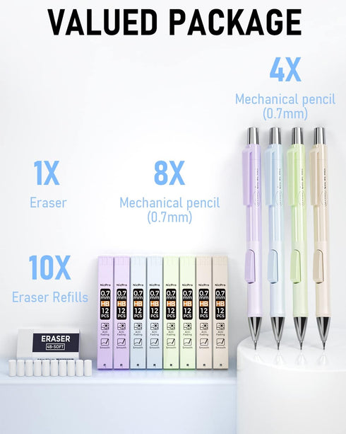 Nicpro 4 PCS Pastel Mechanical Pencil 0.7mm, Cute Fast Click Mechanical Pencils Set with 8 Tubes HB Lead Refills, Erasers, Eraser Refills for Scho...