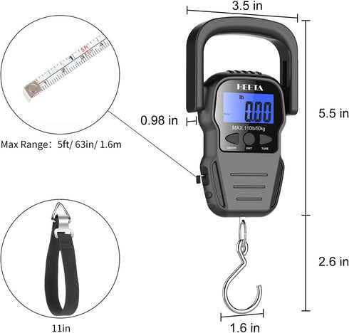 HEETA Fish Scale with Backlit LCD Display, Up to 110lb/50kg Digital Portable Hanging Fish Weight Scale with Hook & Measuring Tape for Home, Farm, ...
