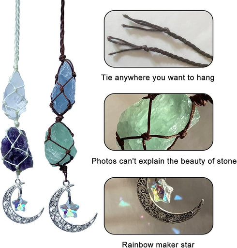 Handmade Crystal Window Car Hanging Ornaments Rear View Mirror Car Decor Raw Stone Healing Crystals Moon and Star Decorative Car Accessories (Cele...