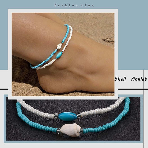 O Boho Beaded Anklets Layered Shell Anklet Bracelet Blue White Stretchy Elastic Foot String Jewelry for Women...