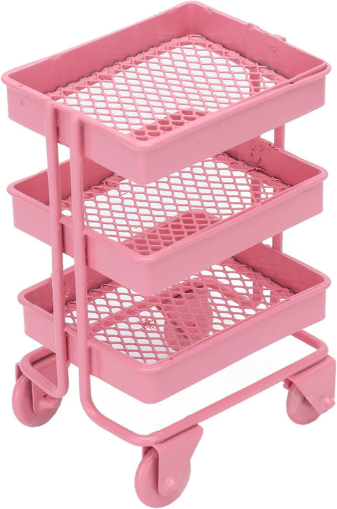1:12 Miniature Dollhouse Handcart Mini Shopping Cart 3 Layers Storage Display Shelf with Wheels Kitchen Furniture Decoration(Pink)...