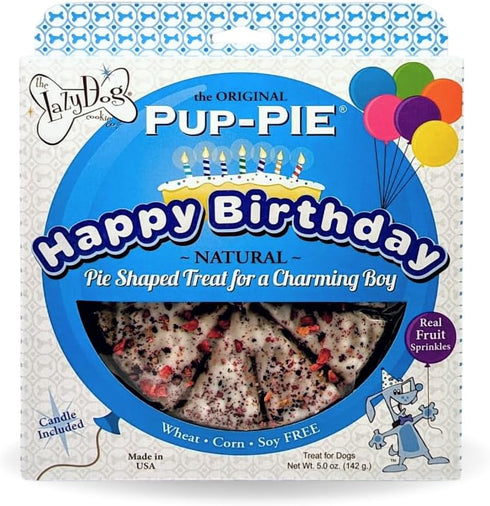 The Lazy Dog Cookie Co. - Original Pup-Pie - Happy Birthday Dog Treat for a Charming Boy, 5 oz with Bag of 5oz Bacon Flavor Mutt Mallows...