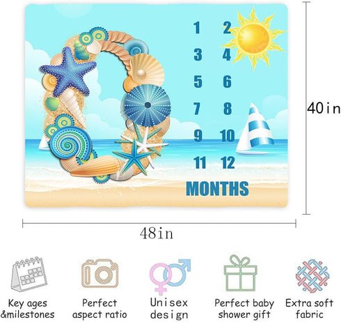 Blue Sea Beach Baby Monthly Milestone Blanket, 48x40in Sun Surfing Starfish Blanket Soft Flannel for Newborn Baby Shower, Baby Growth Chart Photog...
