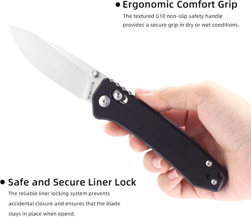 Pocket Folding EDC Knife: 3.14" D2 Steel Satin Sharp Blade, G10 Scales, Crossbar Axis Lock, Reversible Clip, Great Gifts for Men Women Camping Hik...