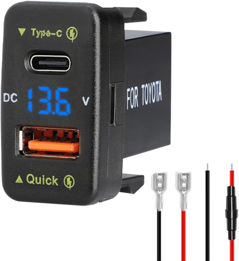 Car Charger Dual 18W USB PD+QC3.0 Fast Charge for Toyota, Type C USB Car Power Socket with LED Voltmeter Display, Compatible with 12/24V Cars(1.6 ...