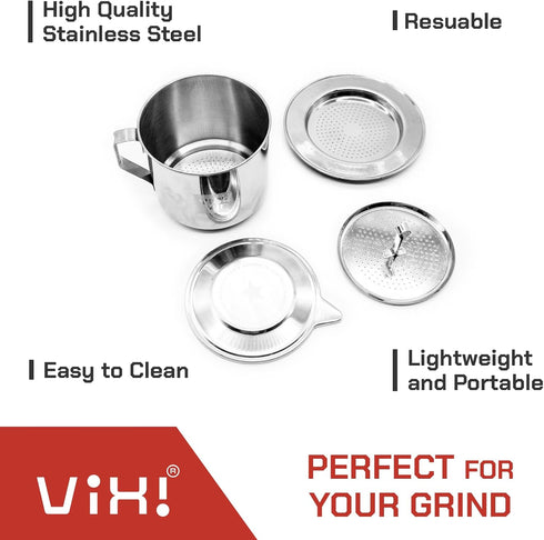 VIXI Vietnamese Coffee Filter: 8 oz, Vietnamese Phin Maker, Asian Coffee Dripper, Perfect Cup of Phin Coffee, Stainless Steel, Gravity Insert, Reu...