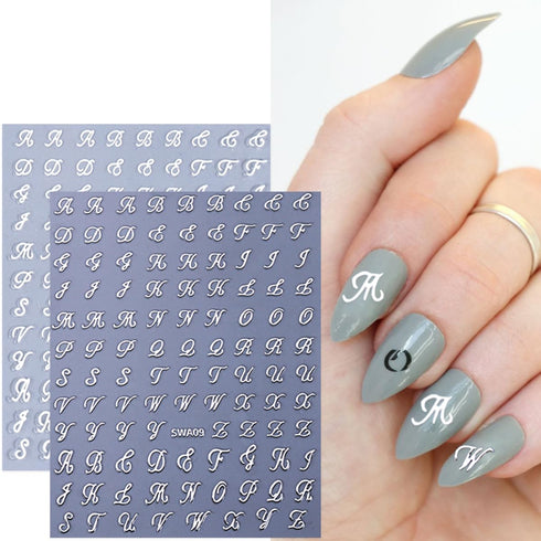 8 Sheets Retro English Letters Nail Stickers for Nail Art - Black White Gold Silver Retro English Nail Art Decals 3D Self-Adhesive Letter Nail Sti...
