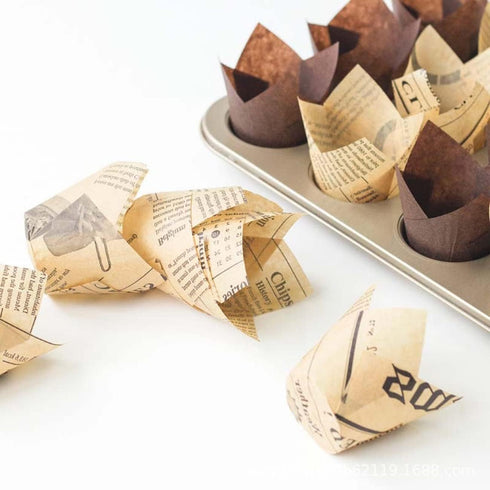 200pcs Tulip Cupcake & Muffin Tins Liners, 2” Standard Newspaper Pattern Paper Baking Cups Nature and White...