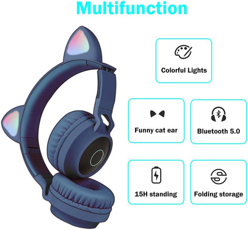 Kids Bluetooth Headphones,Wireless Over-Ear Headphones with Microphone,Cat Ear Headset with SD and TF Slot,Stereo Sound,Wireless and Wired Mode fo...