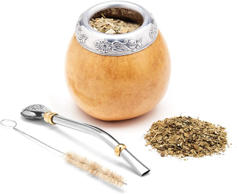 BALIBETOV Yerba Mate Gourd Set (Original Natural Handmade Yerba Mate Cup Argentina) - Includes Mate Tea Cup, Bombilla (Mate Straw) and Clean Brush...