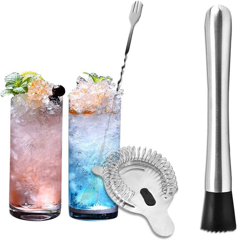 SENHAI Stainless Steel Cocktail Muddler, Spiral Mixing Spoon & 4-Prong Bar Strainer, Home Bar Bartender's Muddling Tool Set...