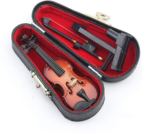 Dselvgvu Wooden Miniature Violin with Stand,Bow and Case Mini Musical Instrument Miniature Dollhouse Model Ornament Home Decoration (3.15"x1.18"x0...