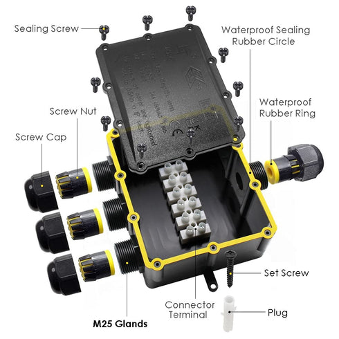 IP68 Waterproof Junction Box, 4-Way Outdoor Cable Connectors with 4 Cable M25 Gland Wire Connector Electrical Junction Box for 4-14 mm Diameter Ca...