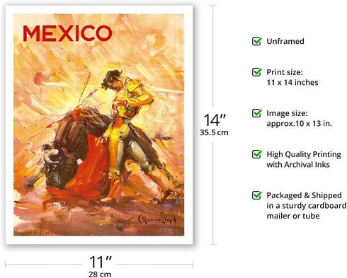 Mexico - Bullfighting Matador - Vintage Travel Poster by Carlos Ruano Llopis c.1944 - Fine Art Matte Paper Print (Unframed) 11x14in...
