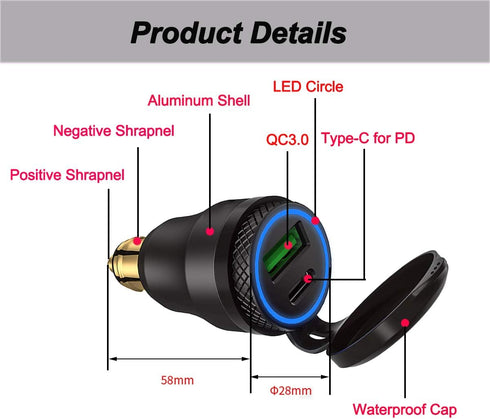 iMESTOU Aluminum DIN Plug 30W 5A Power Delivery Motorcycle Dual USB Charger QC 3.0 Quick Charge Power Adapter Waterproof Fits for 12V-24V BMW Duca...
