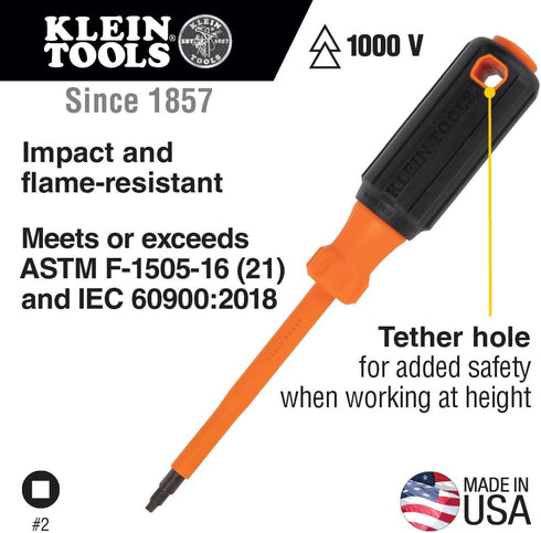 Klein Tools 6844INS Insulated Screwdriver, 1000V #2 Square Tip Screwdriver with 4-Inch Shank, Tip-Ident, Cushion-Grip Handle...