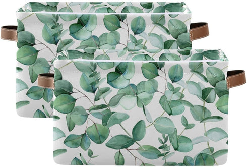 xigua Green Leaves Storage Basket Collapsible Toy Storage Bins Waterproof Canvas Storage Basket with Leather Handles for Home Closets Offices,Bedr...
