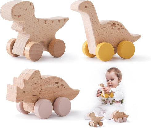 Wooden Dinosaur Cars Montessori Toys for Babies Baby Push Car Toys Wooden Toy Vehicles Development and Infant Grasping Montessori Toys(3PCS)...