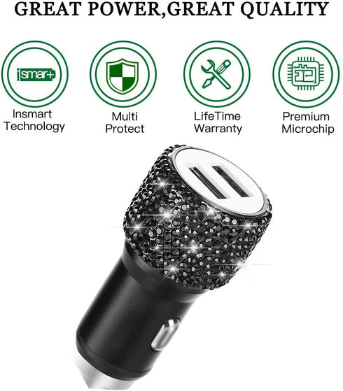 Dual USB Car Charger,SAVORI Car Adapter Bling Bling Rhinestones Crystal Car Decorations for Fast Charging Car Decors for iPhone Xs Max X Plus, iPa...