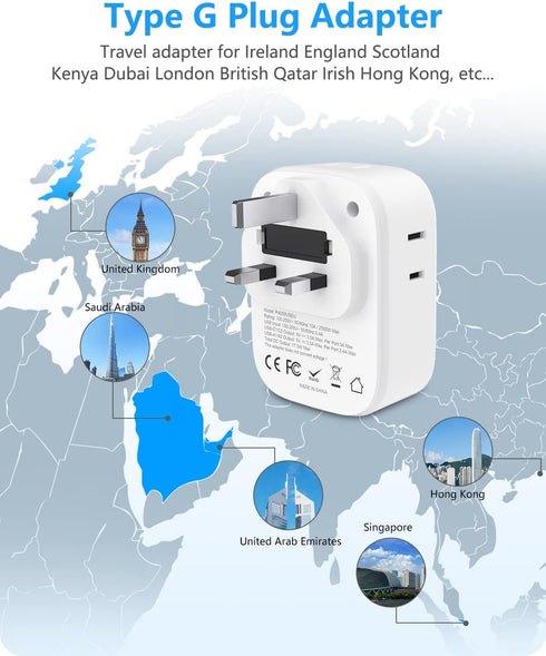 LENCENT US to UK Ireland Travel Plug Adapter, Grounded Type G Outlet Adaptor with 4 USB Charger(2 USB C), 4 Outlets Converter for USA to Dubai Sco...