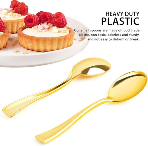 Qeirudu 4 Inch Gold Plastic Mini Spoons, 100 Pack Disposable Tasting Spoons Heavy Duty Small Dessert Spoons for Party Dessert Shooters, Food Sampl...