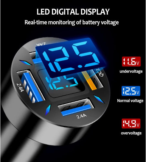 66W Fast Car Charger, 4-Port USB, Smart Power Charger Adapter with Voltmeter, Compatible Most Smartphones...