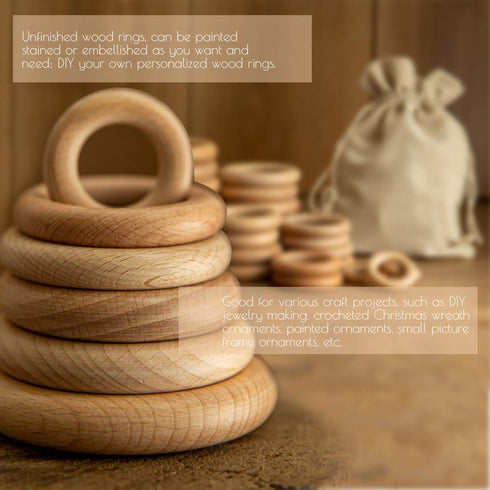 bopoobo Wooden Rings Natural Beech for Craft, Unfinished Wood Ring Circle Rings for DIY Baby Teething Toys, Baby Wooden Teether Accessories, Penda...