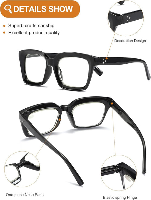 3 Pack Oversize Square Design Reading Glasses for Women, Blue Light Blocking Reader (Black&Leopard&Transparent, 1.75)...