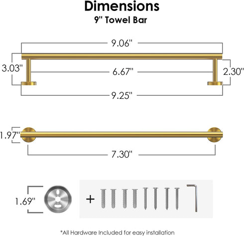 FORIOUS Towel Bar 7.3 Inch Center to Center, Brushed Gold Bathroom Towel Rack 304 Stainless Steel, Wall Mounted Towel Holder for Bathroom, include...