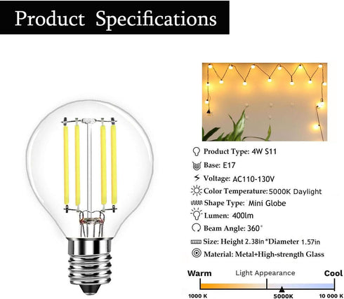 5-Pack S11 LED Bulbs E17 Intermediate Base Edison Globe Light Bulbs 40 Watt Equivalent,5000K Daylight 4W for Bedside Lamp Bulb,Lava Lamps,Glitter ...