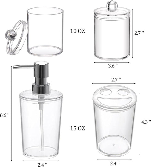 Plastic Clear Bathroom Accessories Set Complete 4 Pcs - Soap Dispenser, 2 Qtip Holder Jars and Toothbrush Holder, Counter Decor...