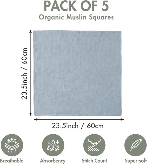 Muslin Swaddle Blankets, Neutral Burp Cloths Receiving Blanket Swaddling for Newborn Boys and Girls, 5 Pack Breathable and Skin-Friendly Swaddle W...