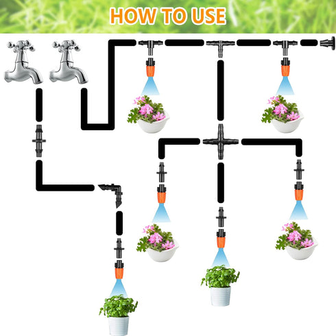 Drip Irrigation Fittings Kit for 1/4" Tubing, 260 Pcs Drip Line Connectors for Drip Systems - 10 Nozzles,10 Nozzle Tees,25 Single barbs,25 4-way C...