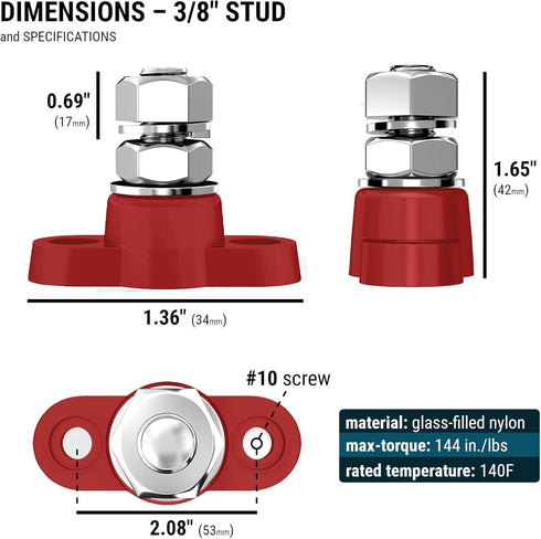MGI SpeedWare 3/8" Bolt Power Junction Post for 12V 24V Automotive and Marine Battery Accessories Connections, 165 AMP, Stainless Steel Stud with ...