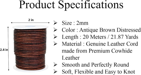 GENIQUE Real/Genuine Round Leather Cord for Jewelry Making, Leather String Cord for Crafting, Necklace, Bracelets, Braiding, Wraps (2mm, Antique B...
